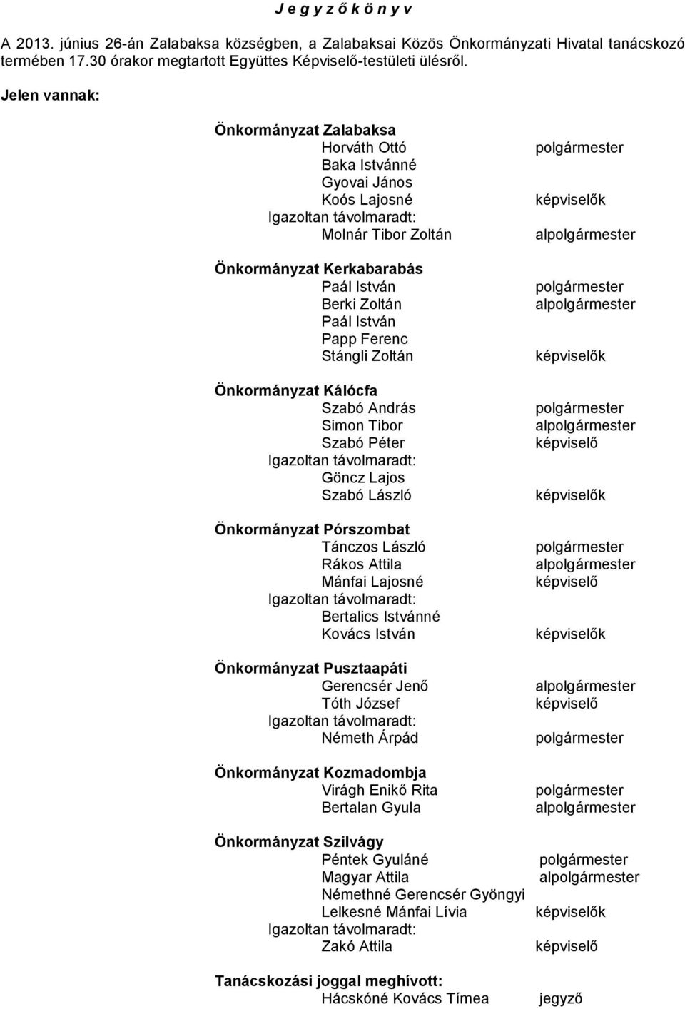 Papp Ferenc Stángli Zoltán Önkormányzat Kálócfa Szabó András Simon Tibor Szabó Péter Igazoltan távolmaradt: Göncz Lajos Szabó László Önkormányzat Pórszombat Tánczos László Rákos Attila Mánfai Lajosné