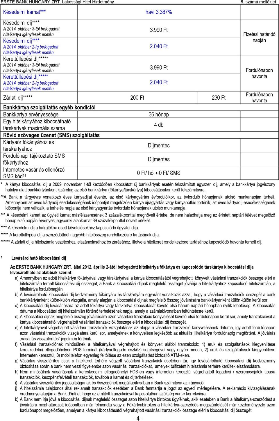 040 Ft Zárlati díj***** 200 Ft 230 Ft Bankkártya szolgáltatás egyéb kondíciói Bankkártya érvényessége Egy hitelkártyához kibocsátható társkártyák maximális száma Rövid szöveges üzenet (SMS)