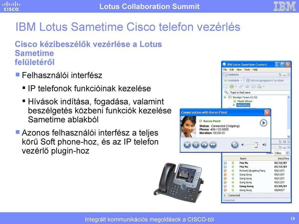 valamint beszélgetés közbeni funkciók kezelése Sametime ablakból Azonos felhasználói interfész a teljes