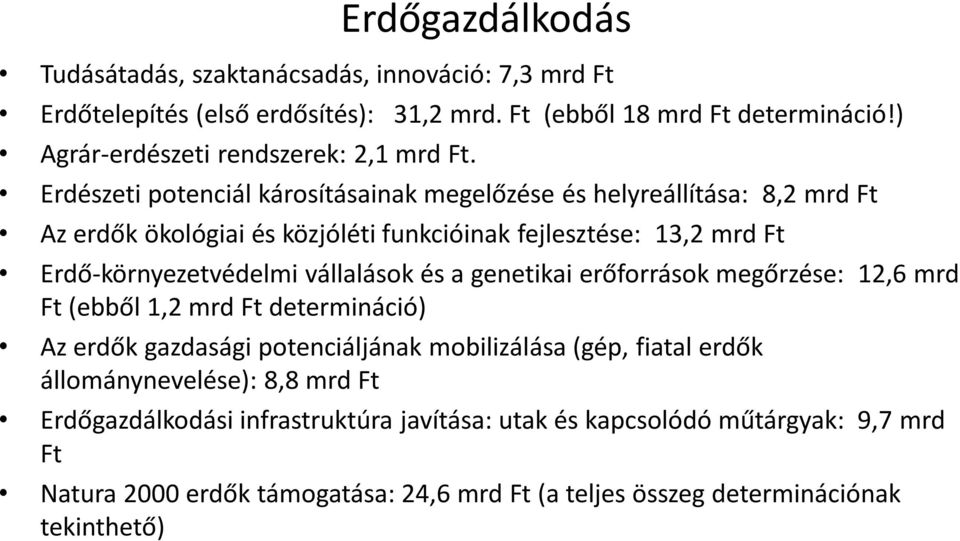 Erdészeti potenciál károsításainak megelőzése és helyreállítása: 8,2 mrd Ft Az erdők ökológiai és közjóléti funkcióinak fejlesztése: 13,2 mrd Ft Erdő-környezetvédelmi vállalások