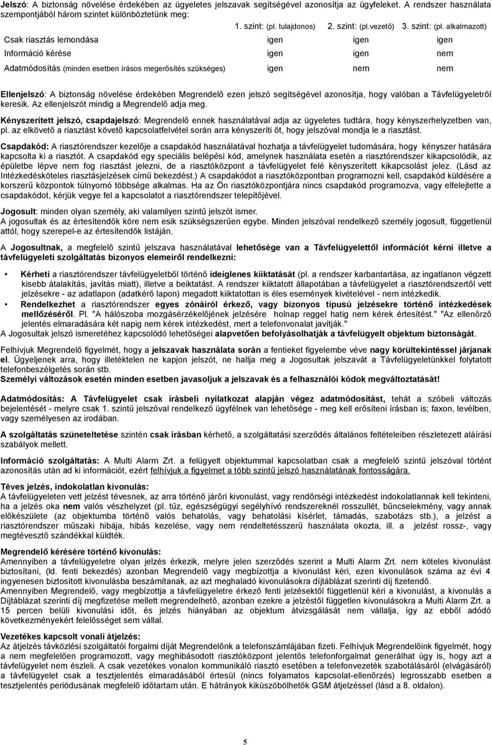 alkalmazott) Csak riasztás lemondása igen igen igen Információ kérése igen igen nem Adatmódosítás (minden esetben írásos megerősítés szükséges) igen nem nem Ellenjelszó: A biztonság növelése