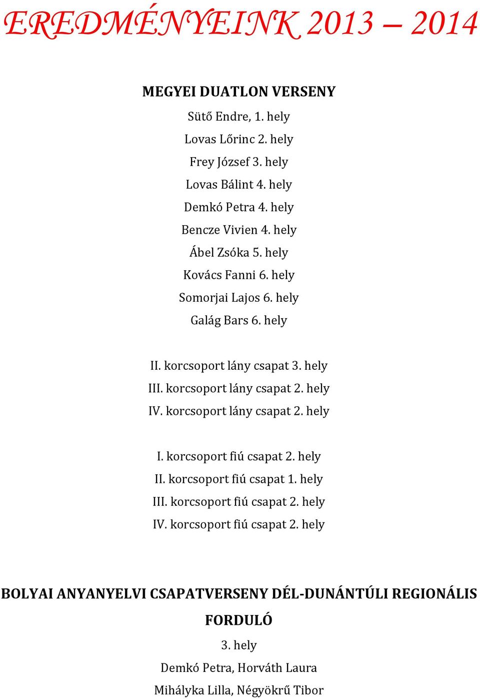 korcsoport lány csapat 2. hely IV. korcsoport lány csapat 2. hely I. korcsoport fiú csapat 2. hely II. korcsoport fiú csapat 1. hely III.