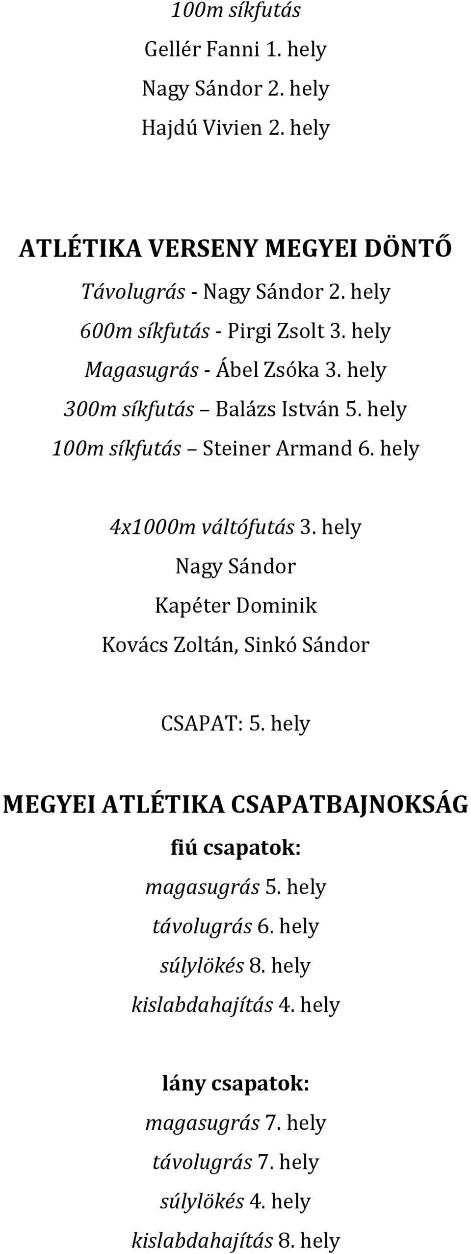 hely 4x1000m váltófutás 3. hely Nagy Sándor Kapéter Dominik Kovács Zoltán, Sinkó Sándor CSAPAT: 5.