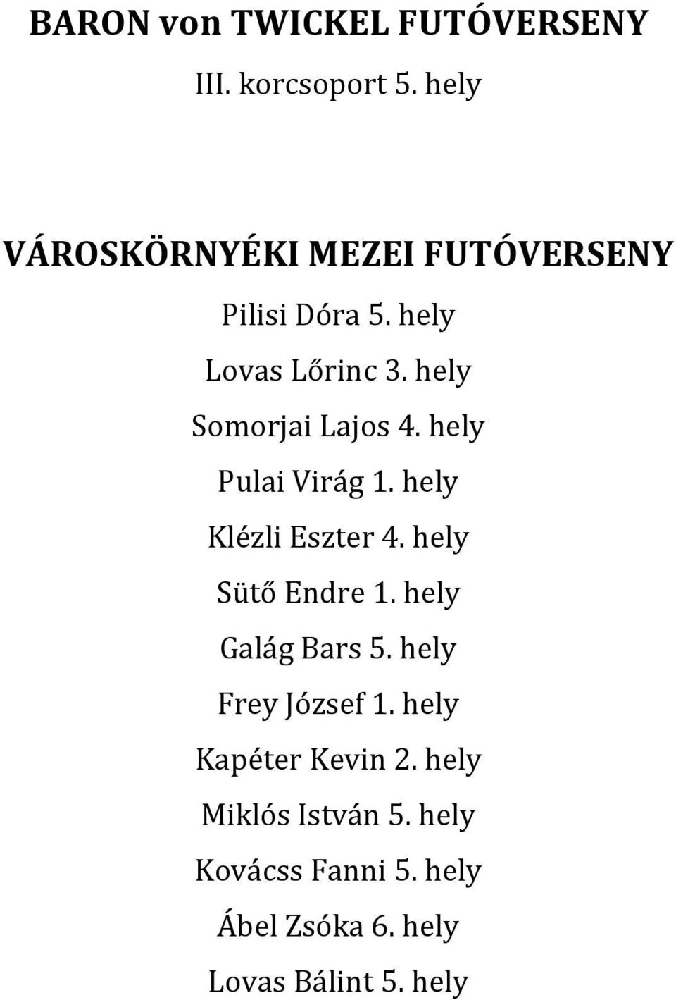 hely Somorjai Lajos 4. hely Pulai Virág 1. hely Klézli Eszter 4. hely Sütő Endre 1.