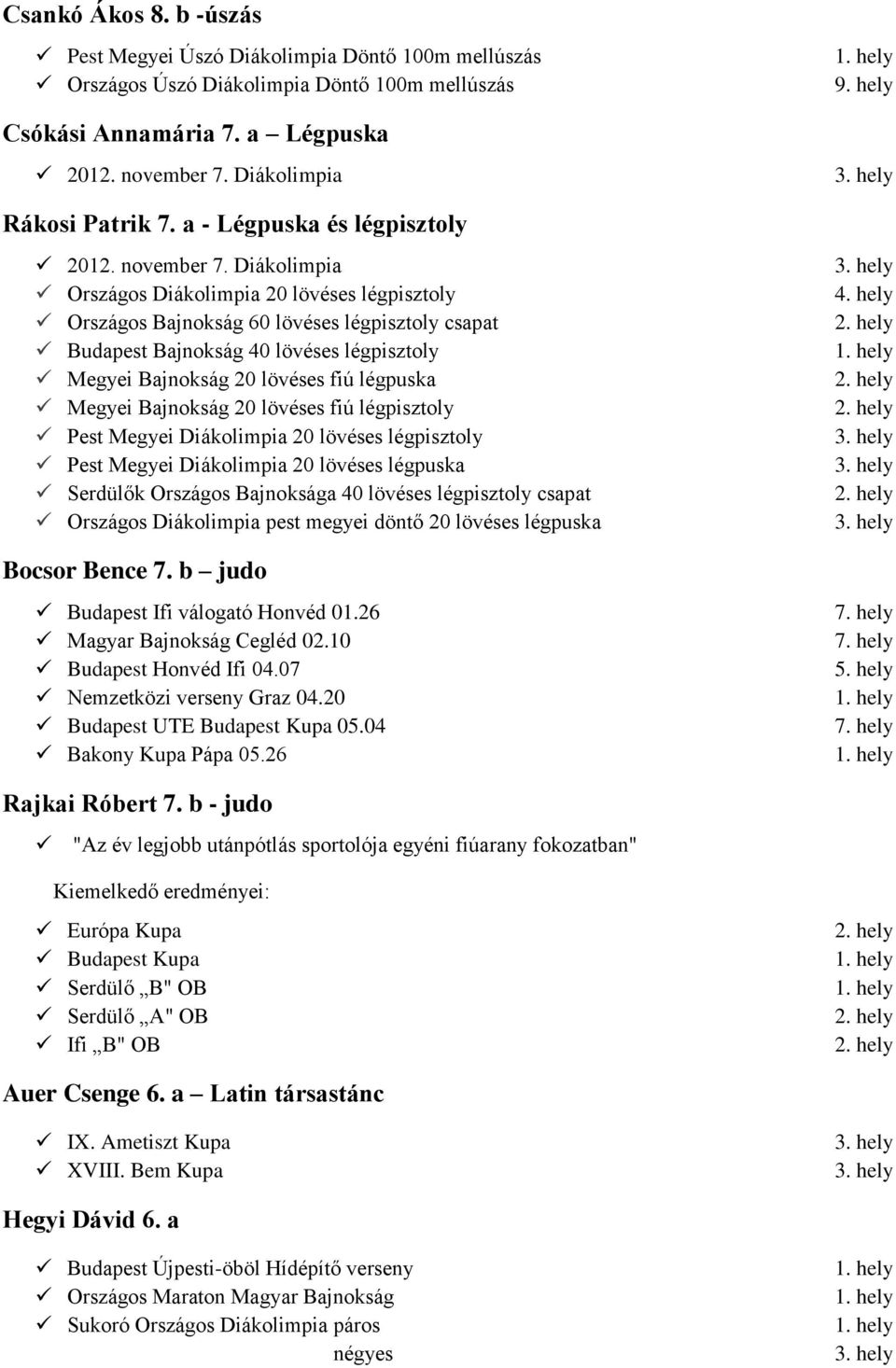 Diákolimpia Országos Diákolimpia 20 lövéses légpisztoly Országos Bajnokság 60 lövéses légpisztoly csapat Budapest Bajnokság 40 lövéses légpisztoly Megyei Bajnokság 20 lövéses fiú légpuska Megyei