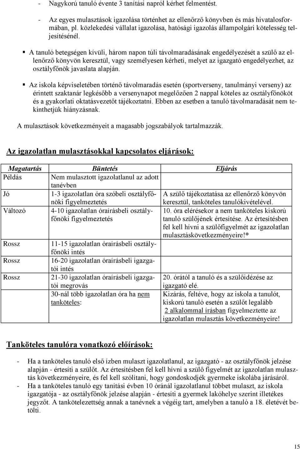 A tanuló betegségen kívüli, három napon túli távolmaradásának engedélyezését a szülő az ellenőrző könyvön keresztül, vagy személyesen kérheti, melyet az igazgató engedélyezhet, az osztályfőnök