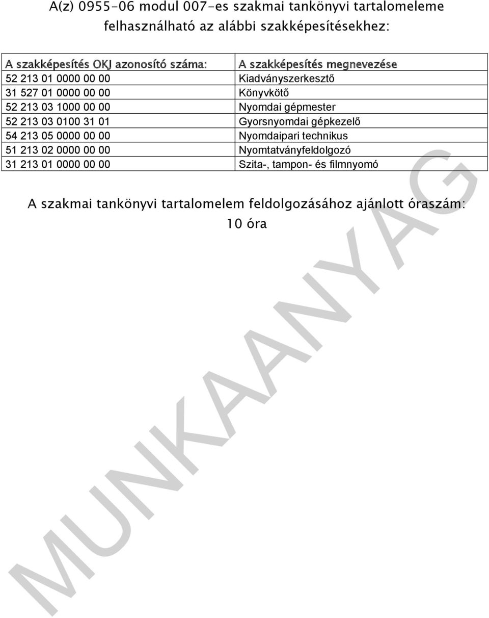 Nyomdai gépmester 52 213 03 0100 31 01 Gyorsnyomdai gépkezelő 54 213 05 0000 00 00 Nyomdaipari technikus 51 213 02 0000 00 00