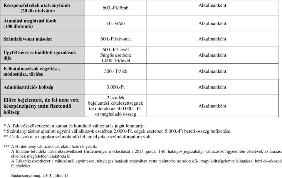 - Ft/ db Alkalmanként Adminisztrációs költség 3.000.-Ft Alkalmanként Előre bejelentett, de fel nem vett készpénzigény után fizetendő költség 2 ezrelék bejelentési kötelezettségnek tekintendő az 500.