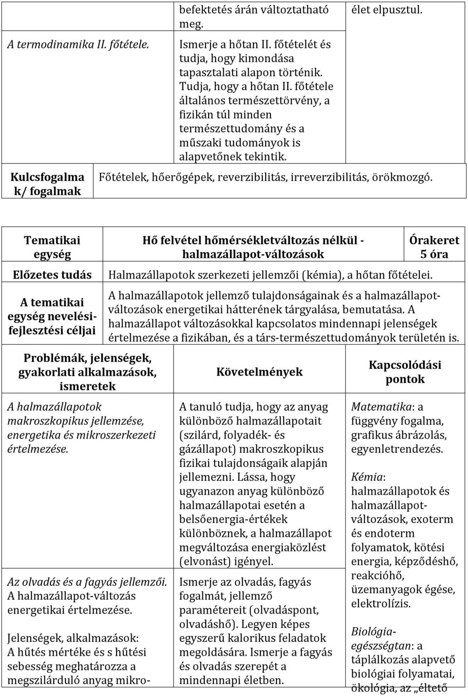 Főtételek, hőerőgépek, reverzibilitás, irreverzibilitás, örökmozgó. nevelésifejlesztési A halmazállapotok makroszkopikus jellemzése, energetika és mikroszerkezeti értelmezése.