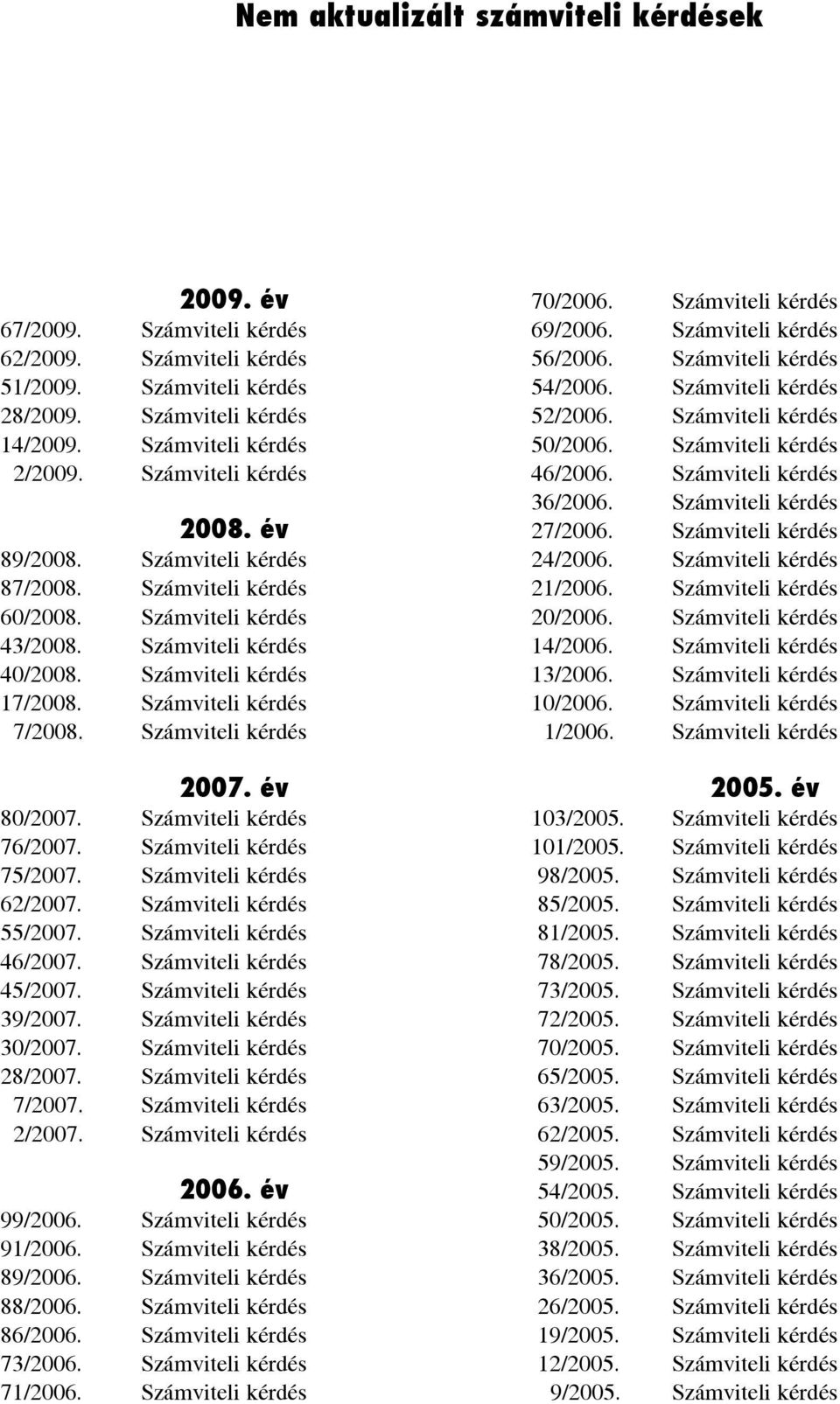 Számviteli kérdés 2007. év 80/2007. Számviteli kérdés 76/2007. Számviteli kérdés 75/2007. Számviteli kérdés 62/2007. Számviteli kérdés 55/2007. Számviteli kérdés 46/2007. Számviteli kérdés 45/2007.