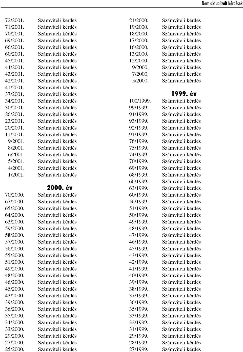 Számviteli kérdés 26/2001. Számviteli kérdés 23/2001. Számviteli kérdés 20/2001. Számviteli kérdés 11/2001. Számviteli kérdés 9/2001. Számviteli kérdés 8/2001. Számviteli kérdés 6/2001.