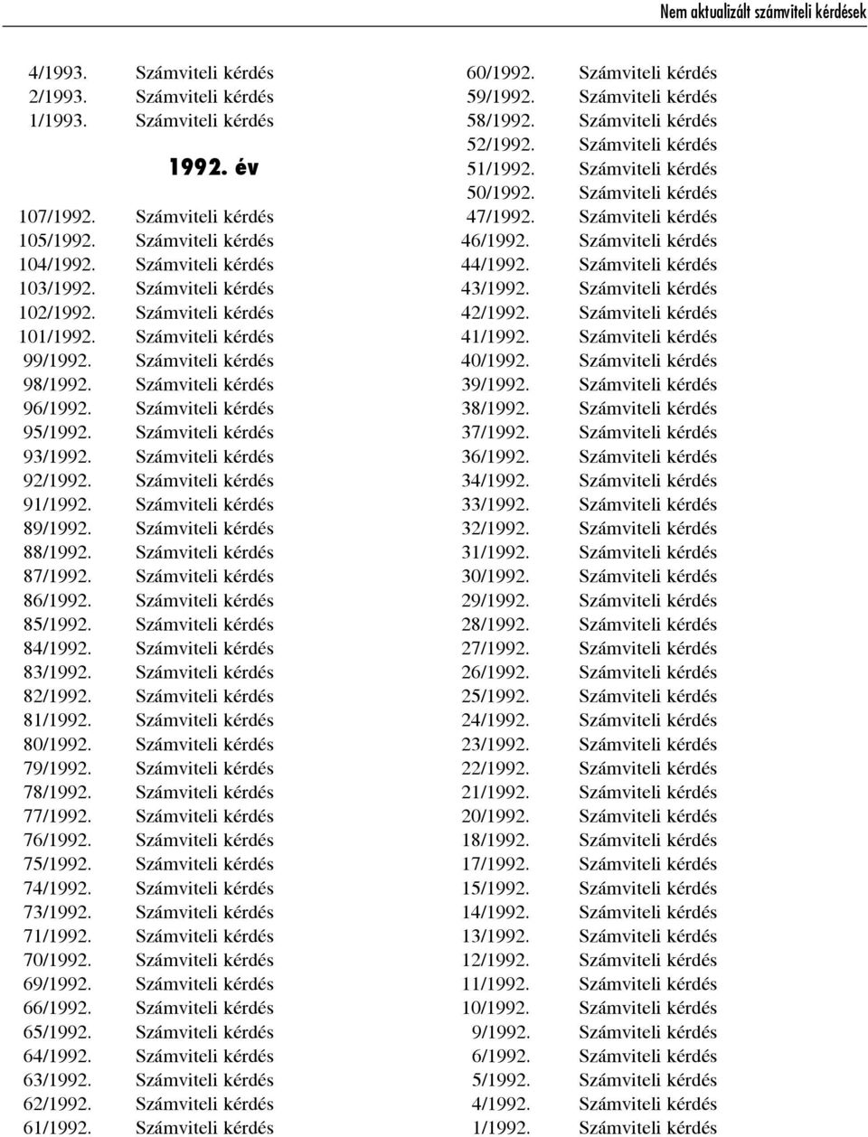 Számviteli kérdés 93/1992. Számviteli kérdés 92/1992. Számviteli kérdés 91/1992. Számviteli kérdés 89/1992. Számviteli kérdés 88/1992. Számviteli kérdés 87/1992. Számviteli kérdés 86/1992.