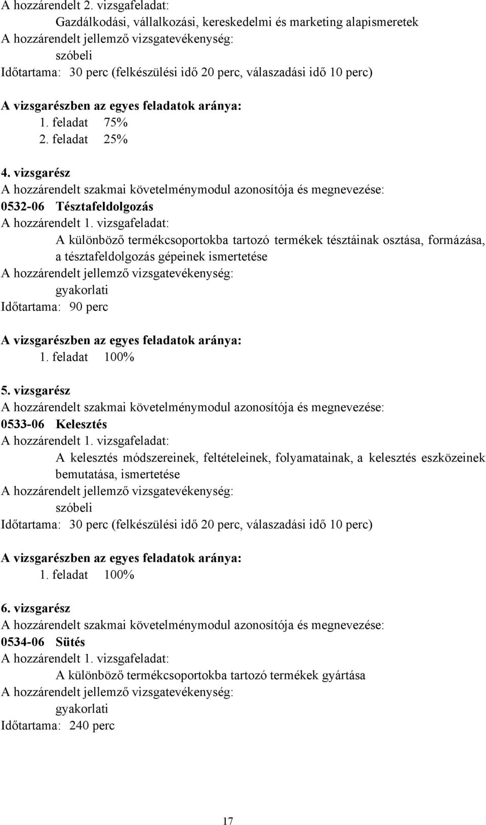 perc) A vizsgarészben az egyes feladatok aránya: 1. feladat 75% 2. feladat 25% 4. vizsgarész A hozzárendelt szakmai követelménymodul és megnevezése: 0532-06 Tésztafeldolgozás A hozzárendelt 1.