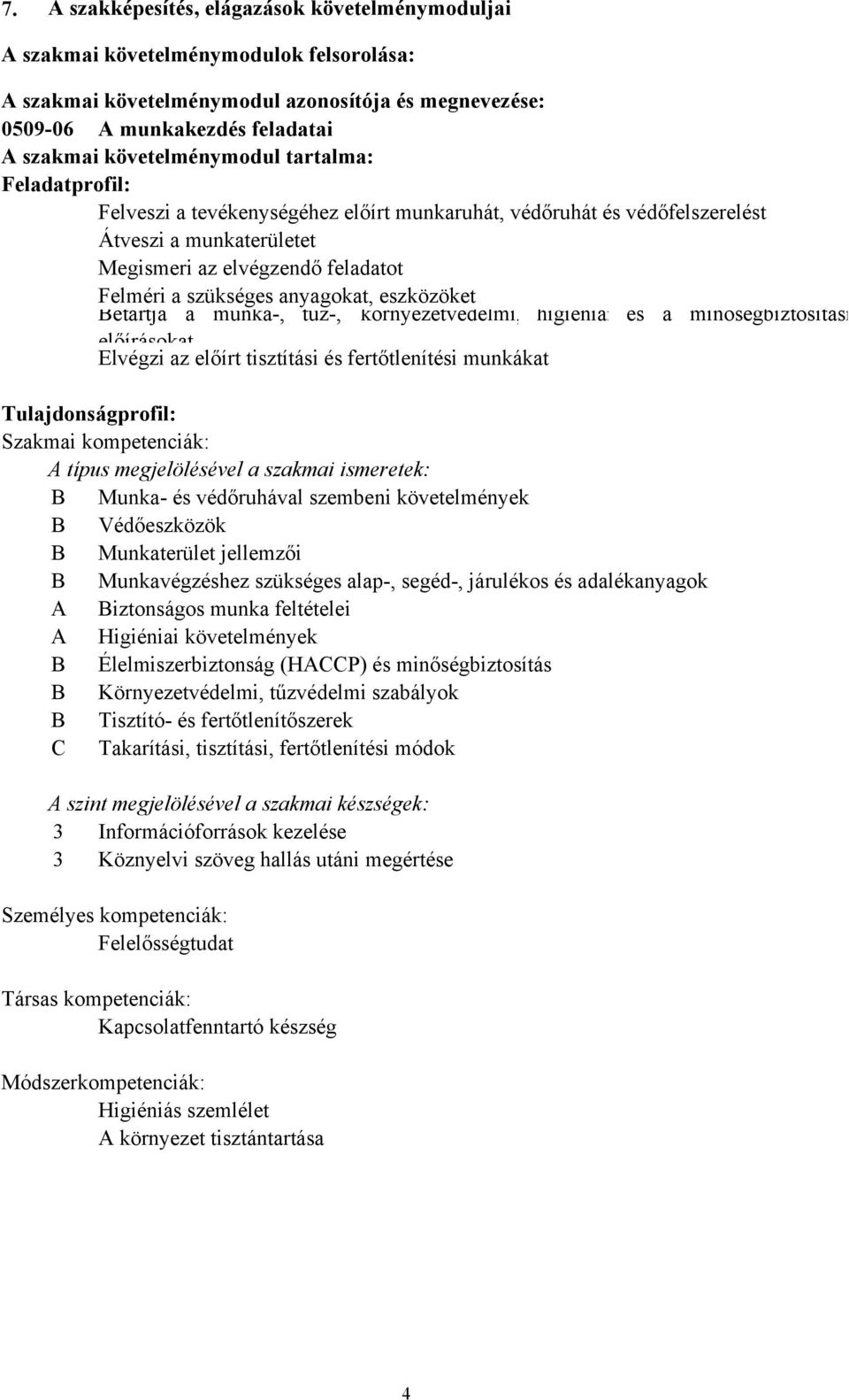 eszközöket Betartja a munka-, tűz-, környezetvédelmi, higiéniai és a minőségbiztosítási előírásokat Elvégzi az előírt tisztítási és fertőtlenítési munkákat Tulajdonságprofil: Szakmai kompetenciák: A