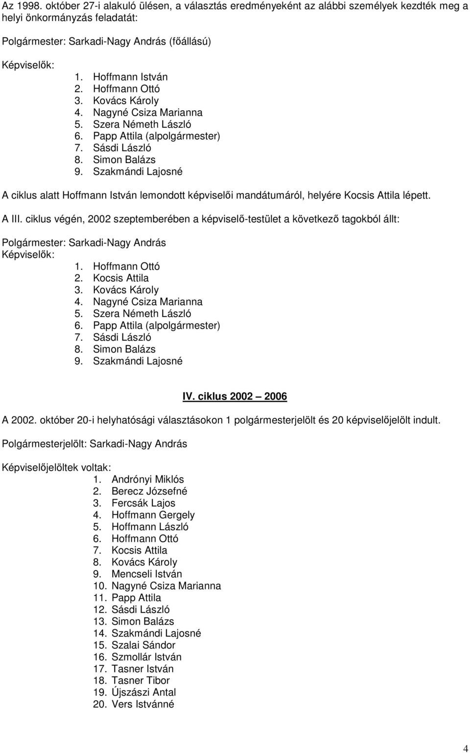 Szakmándi Lajosné A ciklus alatt Hoffmann István lemondott képviselıi mandátumáról, helyére Kocsis Attila lépett. A III.