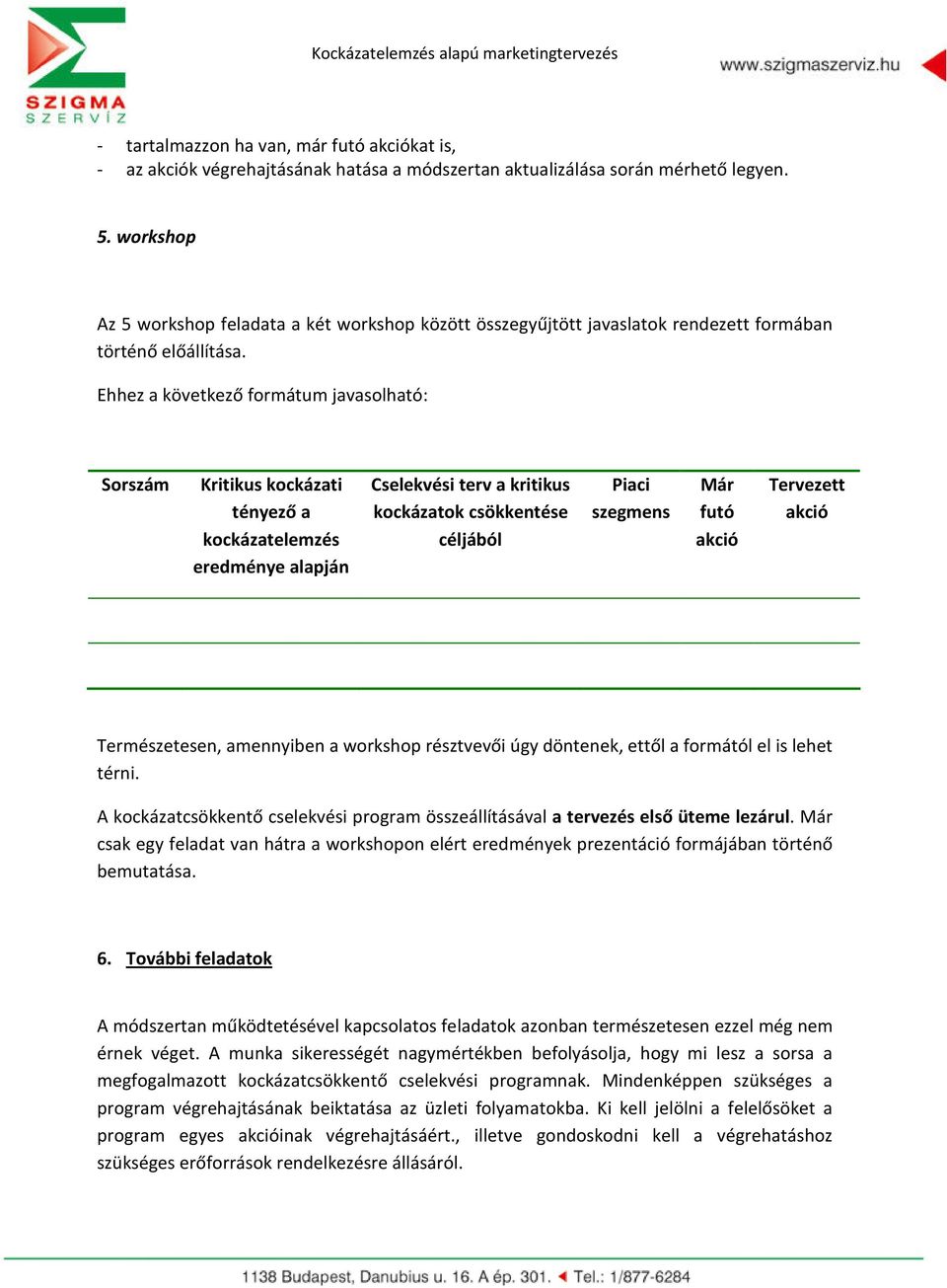 Ehhez a következő formátum javasolható: Sorszám Kritikus kockázati tényező a kockázatelemzés eredménye alapján Cselekvési terv a kritikus kockázatok csökkentése céljából Piaci szegmens Már futó akció