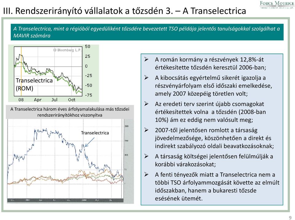 árfolyamalakulásamás tőzsdei rendszerirányítókhoz viszonyítva Transelectrica A román kormány a részvények 12,8%-át értékesítette tőzsdén keresztül 2006-ban; A kibocsátás egyértelmű sikerét igazolja a