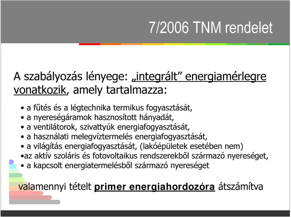 melegvíztermelés energiafogyasztását, a világítás energiafogyasztását, (lakóépületek esetében nem) az aktív szoláris és
