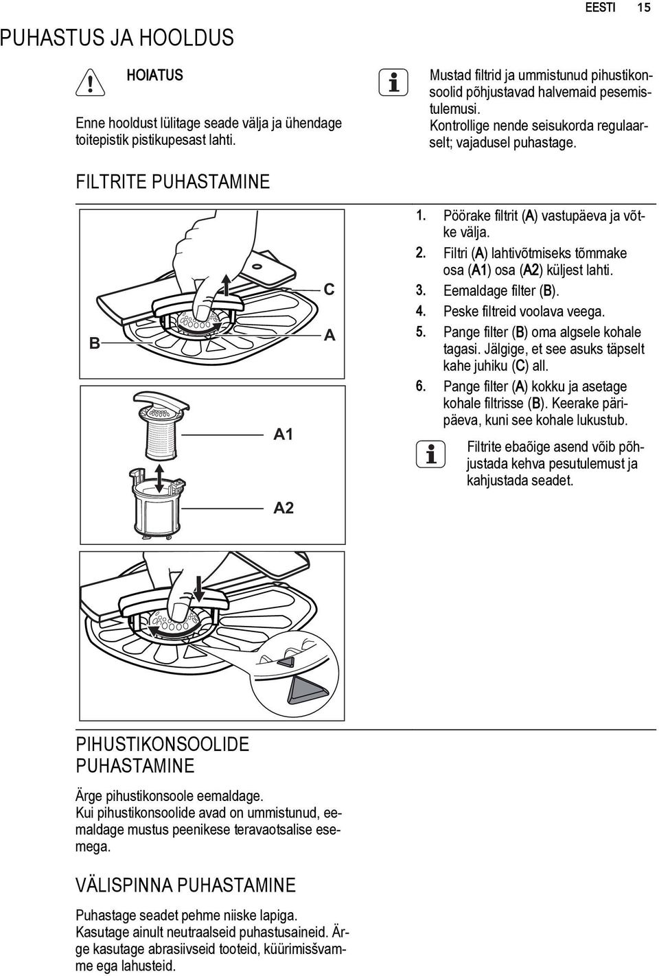 Pöörake filtrit (A) vastupäeva ja võtke välja. 2. Filtri (A) lahtivõtmiseks tõmmake osa (A1) osa (A2) küljest lahti. 3. Eemaldage filter (B). 4. Peske filtreid voolava veega. 5.