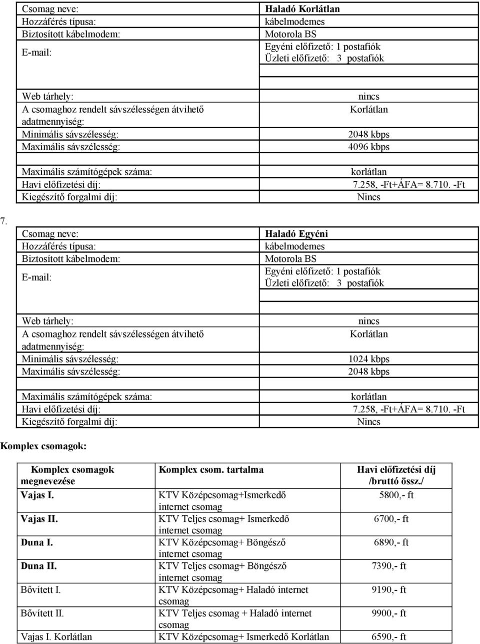 tartalma Havi előfizetési díj /bruttó össz./ Vajas I. KTV Közép+Ismerkedő 5800,- ft internet Vajas II. KTV Teljes + Ismerkedő 6700,- ft internet Duna I.