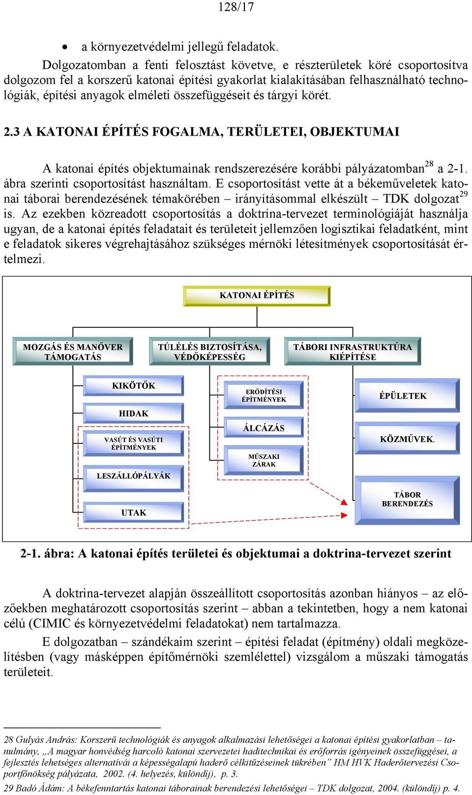 összefüggéseit és tárgyi körét. 2.3 A KATONAI ÉPÍTÉS FOGALMA, TERÜLETEI, OBJEKTUMAI A katonai építés objektumainak rendszerezésére korábbi pályázatomban 28 a 2-1.