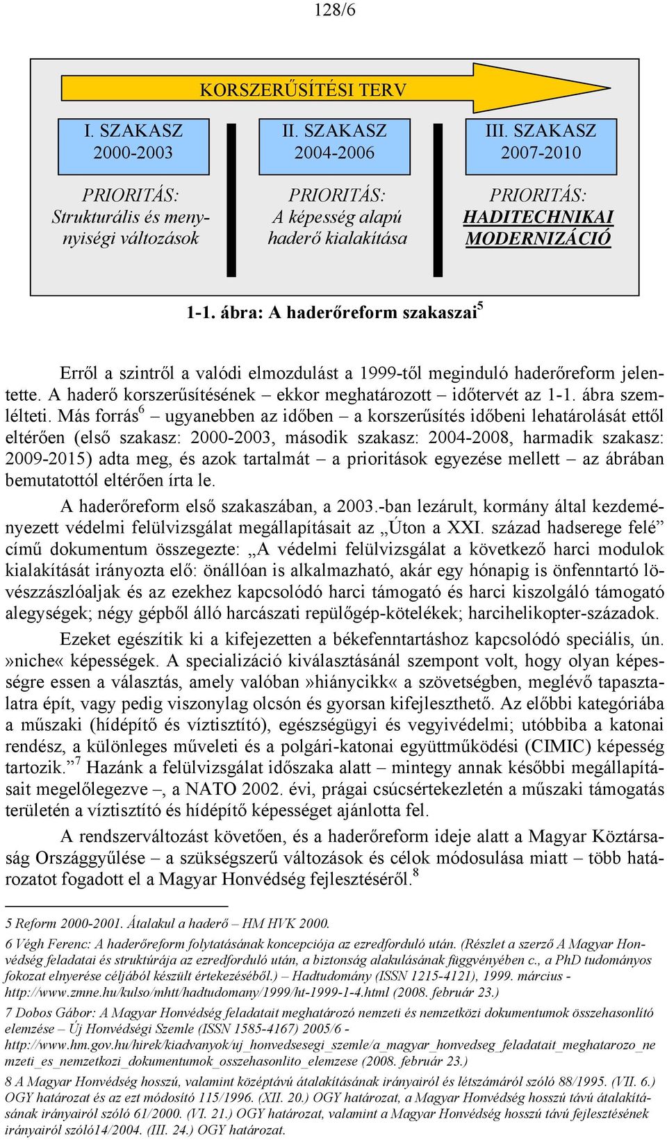 ábra: A haderőreform szakaszai 5 Erről a szintről a valódi elmozdulást a 1999-től meginduló haderőreform jelentette. A haderő korszerűsítésének ekkor meghatározott időtervét az 1-1. ábra szemlélteti.