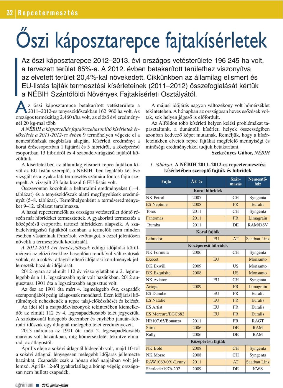 Cikkünkben az államilag elismert és EU-listás fajták termesztési kísérleteinek (2011 2012) összefoglalását kértük a NÉBIH Szántóföldi Növények Fajtakísérleti Osztályától.