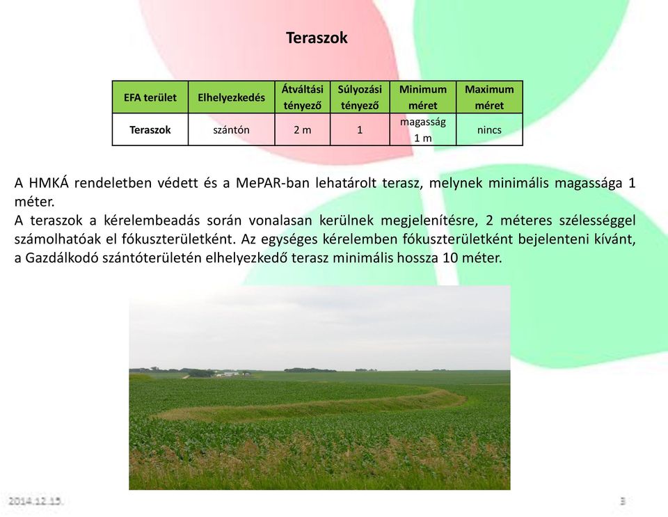 A teraszok a kérelembeadás során vonalasan kerülnek megjelenítésre, 2 méteres szélességgel számolhatóak el fókuszterületként.