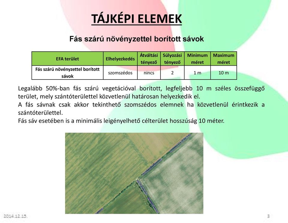 10 m széles összefüggő terület, mely szántóterülettel közvetlenül határosan helyezkedik el.