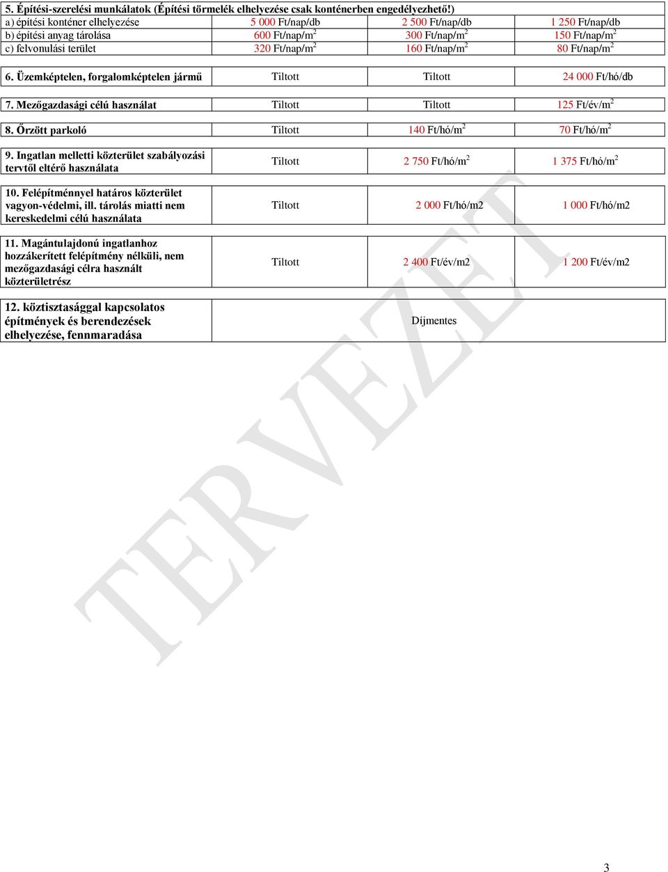 Ft/nap/m 2 80 Ft/nap/m 2 6. Üzemképtelen, forgalomképtelen jármű 24 000 Ft/hó/db 7. Mezőgazdasági célú használat 125 Ft/év/m 2 8. Őrzött parkoló 140 Ft/hó/m 2 70 Ft/hó/m 2 9.