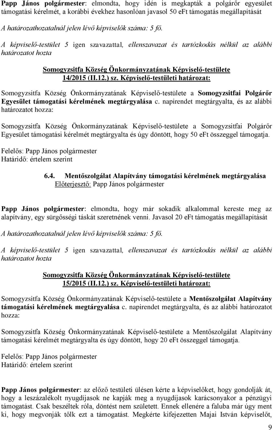 Képviselő-testületi határozat: a Somogyzsitfai Polgárőr Egyesület támogatási kérelmének megtárgyalása c.