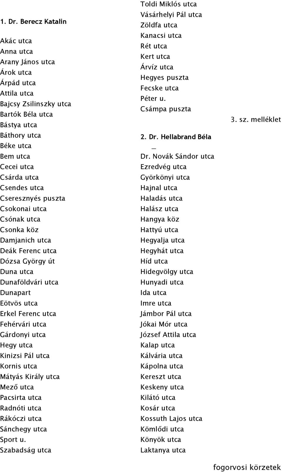 utca Cseresznyés puszta Csokonai utca Csónak utca Csonka köz Damjanich utca Deák Ferenc utca Dózsa György út Duna utca Dunaföldvári utca Dunapart Eötvös utca Erkel Ferenc utca Fehérvári utca Gárdonyi