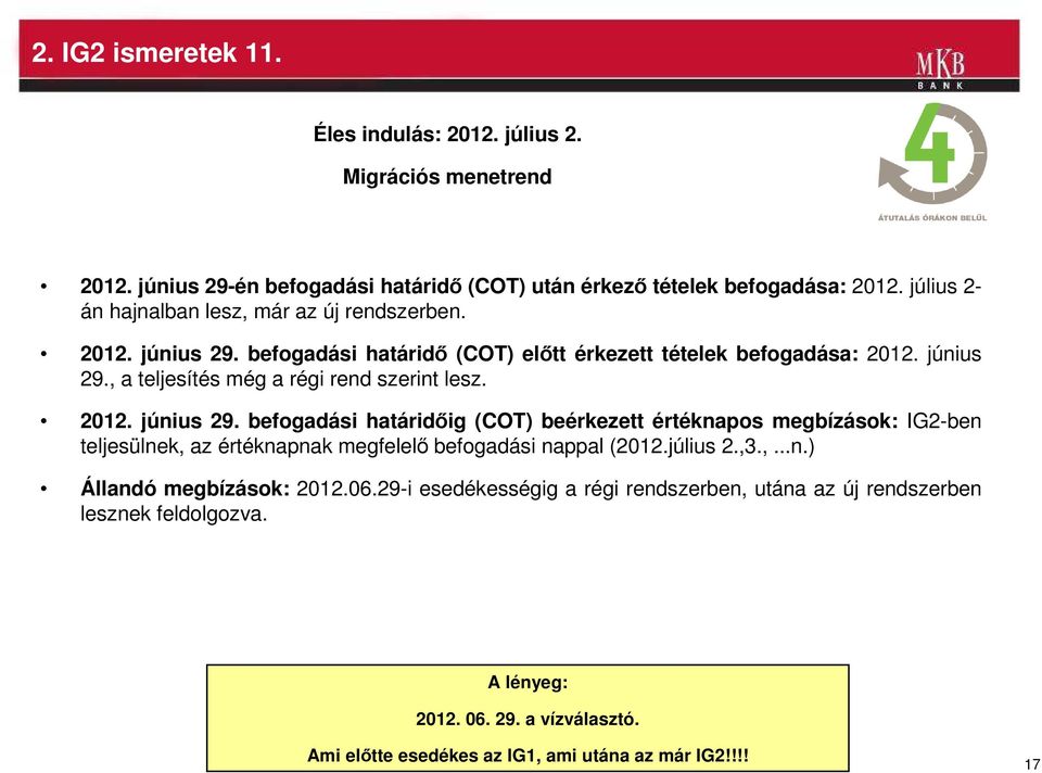 2012. június 29. befogadási határidıig (CT) beérkezett értéknapos megbízások: G2-ben teljesülnek, az értéknapnak megfelelı befogadási nappal (2012.július 2.,3.,...n.) Állandó megbízások: 2012.