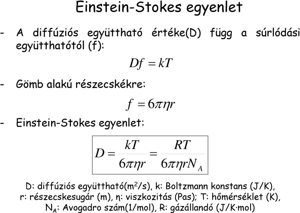 RT 6r 6rN A D: diffúziós együttható(m 2 /s), k: Boltzmann konstans (J/K), r: