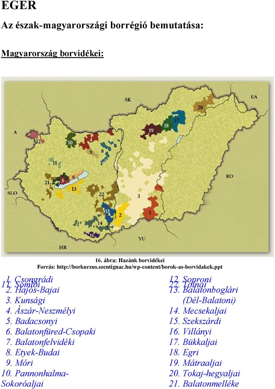 Balatonfüred-Csopaki 7. Balatonfelvidéki 8. Etyek-Budai 9. Móri 10. Pannonhalma- Sokoróaljai 12. Soproni 22. Tolnai 1.