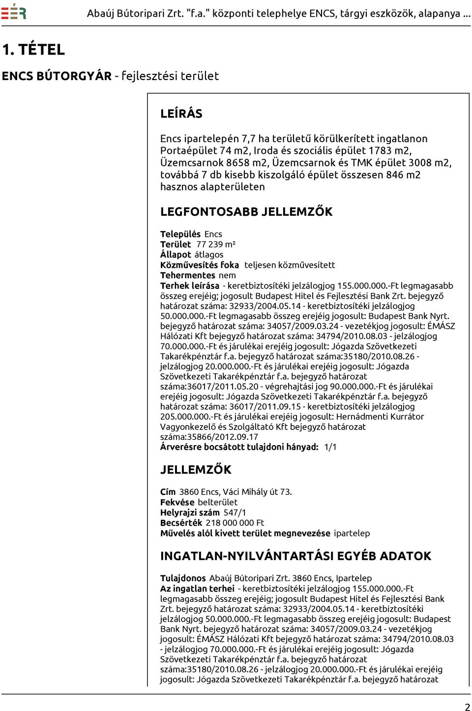 keretbiztosítéki jelzálogjog 155.000.000.-Ft legmagasabb összeg erejéig; jogosult Budapest Hitel és Fejlesztési Bank Zrt. bejegyző határozat száma: 32933/2004.05.14 - keretbiztosítéki jelzálogjog 50.