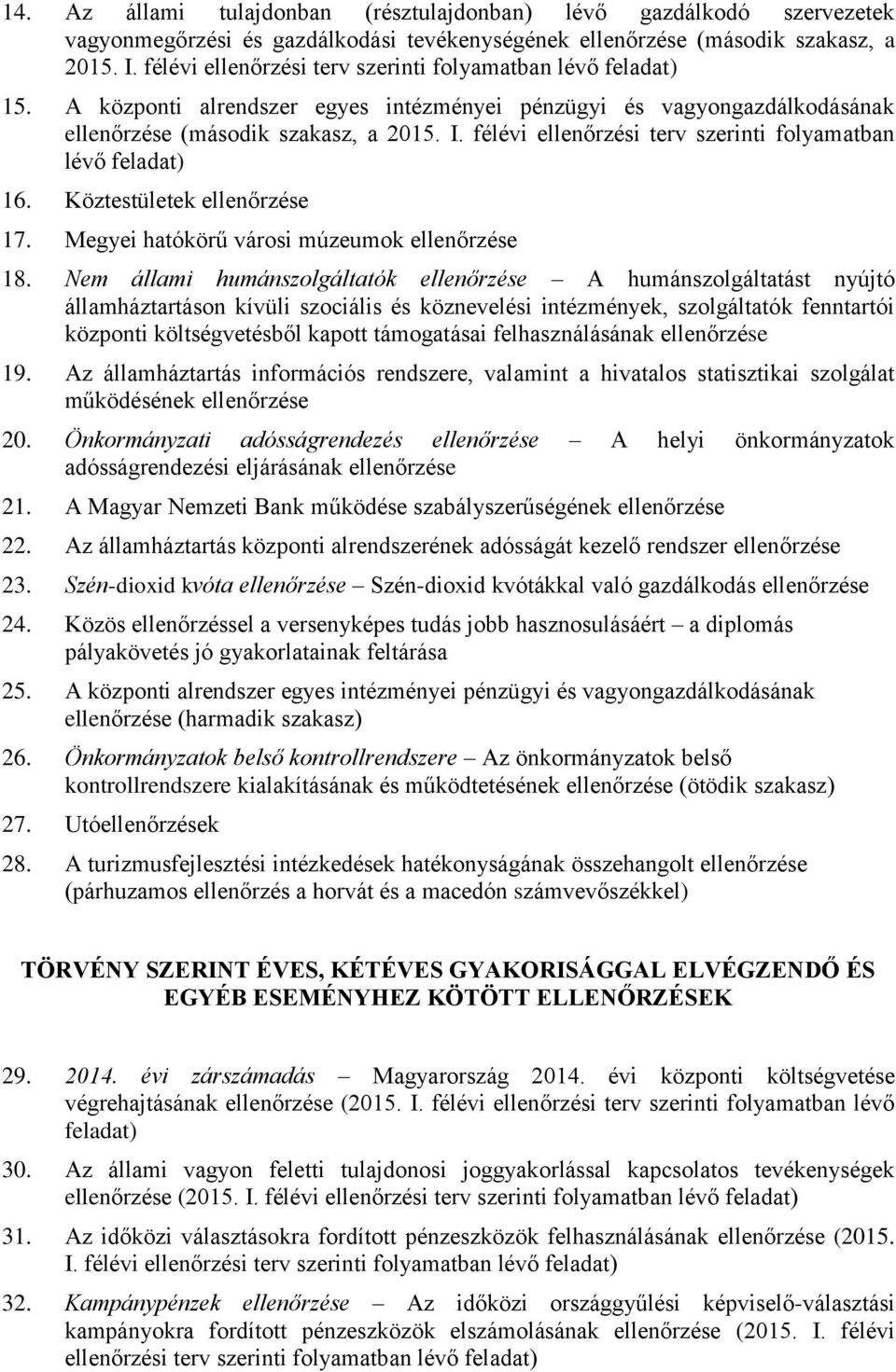 félévi ellenőrzési terv szerinti folyamatban lévő feladat) 16. Köztestületek ellenőrzése 17. Megyei hatókörű városi múzeumok ellenőrzése 18.