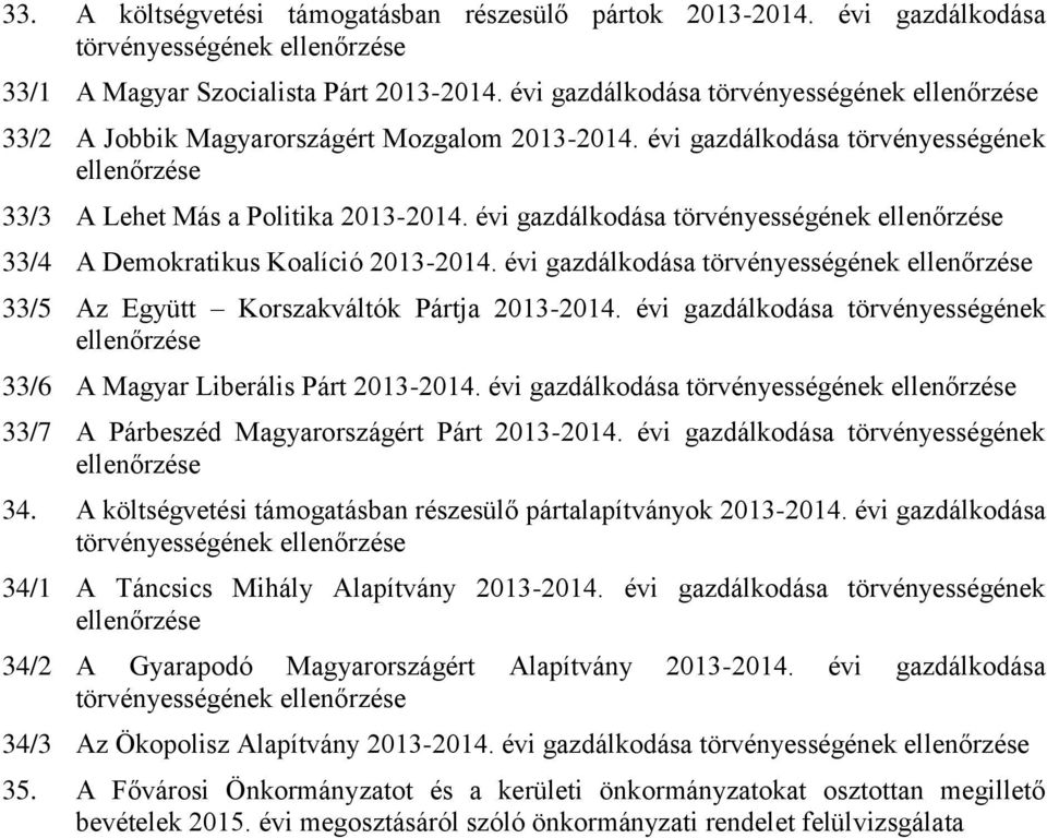 évi gazdálkodása törvényességének ellenőrzése 33/4 A Demokratikus Koalíció 2013-2014. évi gazdálkodása törvényességének ellenőrzése 33/5 Az Együtt Korszakváltók Pártja 2013-2014.
