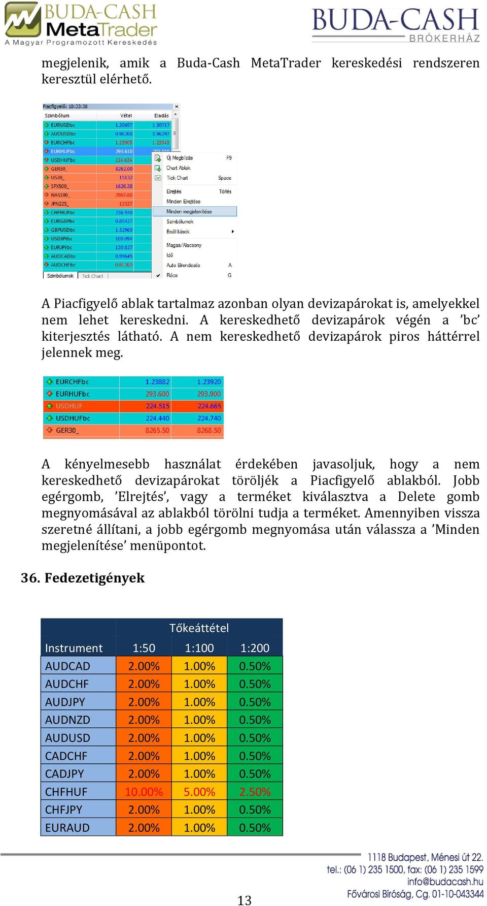 A kényelmesebb használat érdekében javasoljuk, hogy a nem kereskedhető devizapárokat töröljék a Piacfigyelő ablakból.