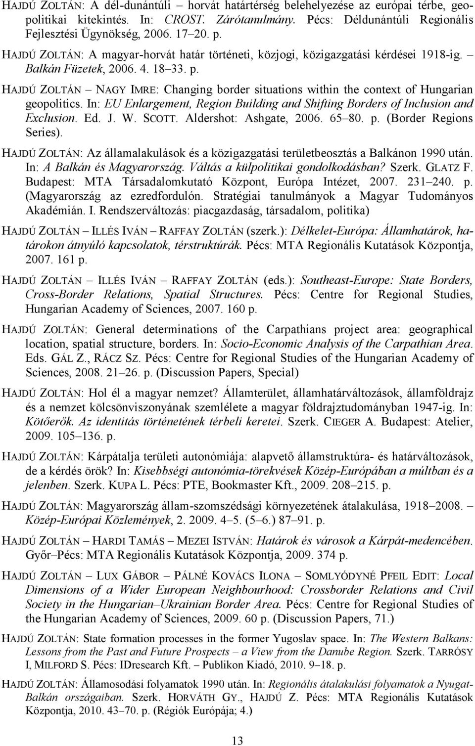 HAJDÚ ZOLTÁN NAGY IMRE: Changing border situations within the context of Hungarian geopolitics. In: EU Enlargement, Region Building and Shifting Borders of Inclusion and Exclusion. Ed. J. W. SCOTT.