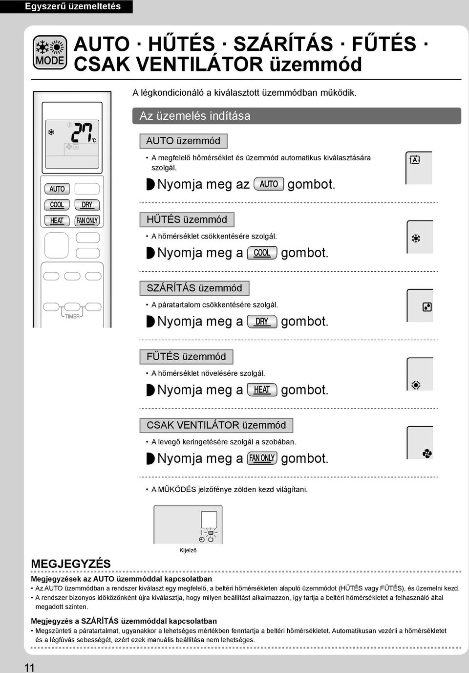 Nyomja meg a SZÁRÍTÁS üzemmód A páratartalom csökkentésére szolgál. Nyomja meg a FŰTÉS üzemmód A hőmérséklet növelésére szolgál.