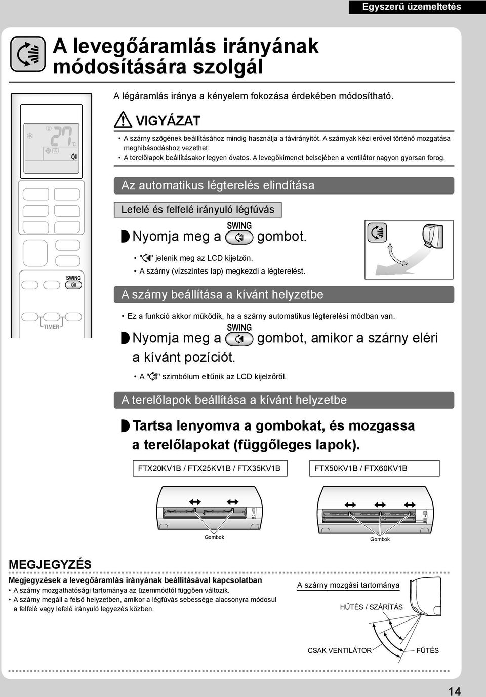 A levegőkimenet belsejében a ventilátor nagyon gyorsan forog. Az automatikus légterelés elindítása Lefelé és felfelé irányuló légfúvás Nyomja meg a " " jelenik meg az LCD kijelzőn.
