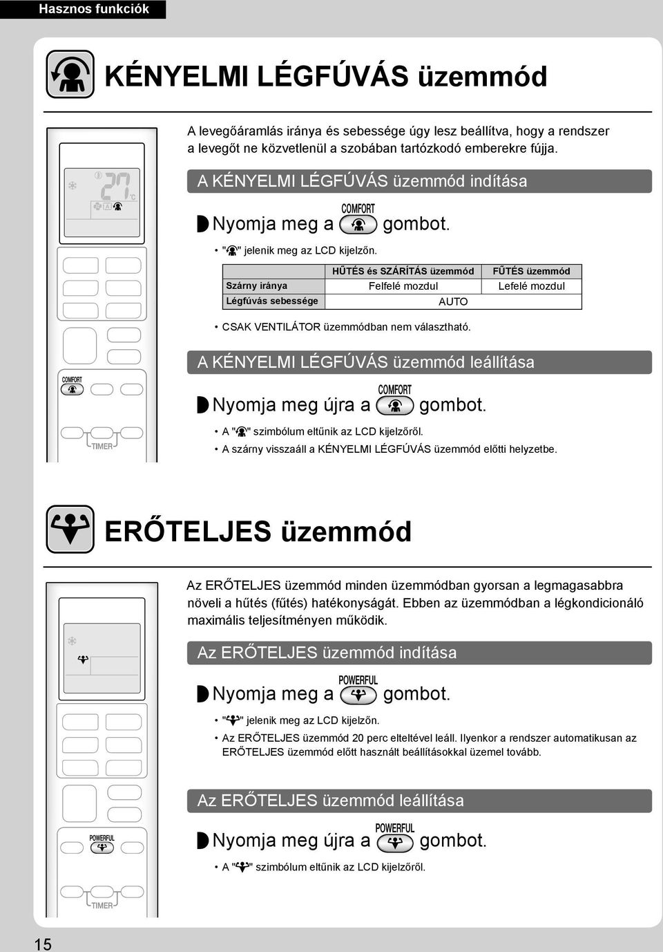 HŰTÉS és SZÁRÍTÁS üzemmód FŰTÉS üzemmód Szárny iránya Felfelé mozdul Lefelé mozdul Légfúvás sebessége AUTO CSAK VENTILÁTOR üzemmódban nem választható.