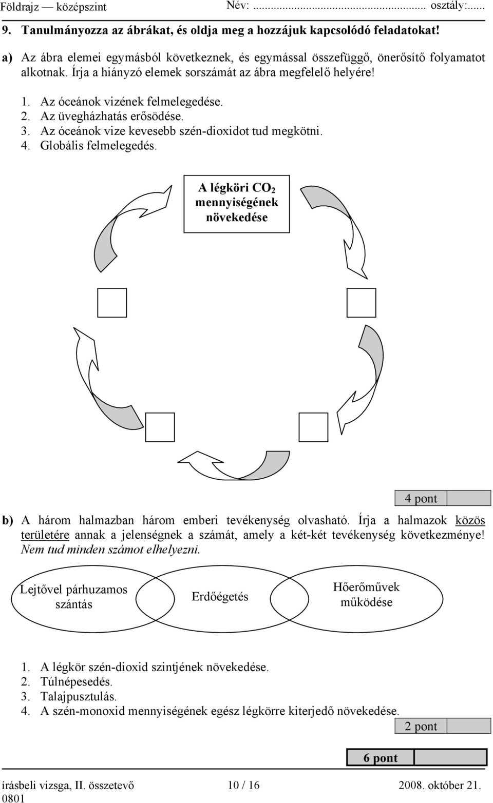 Globális felmelegedés. A légköri CO 2 mennyiségének növekedése 4 pont b) A három halmazban három emberi tevékenység olvasható.