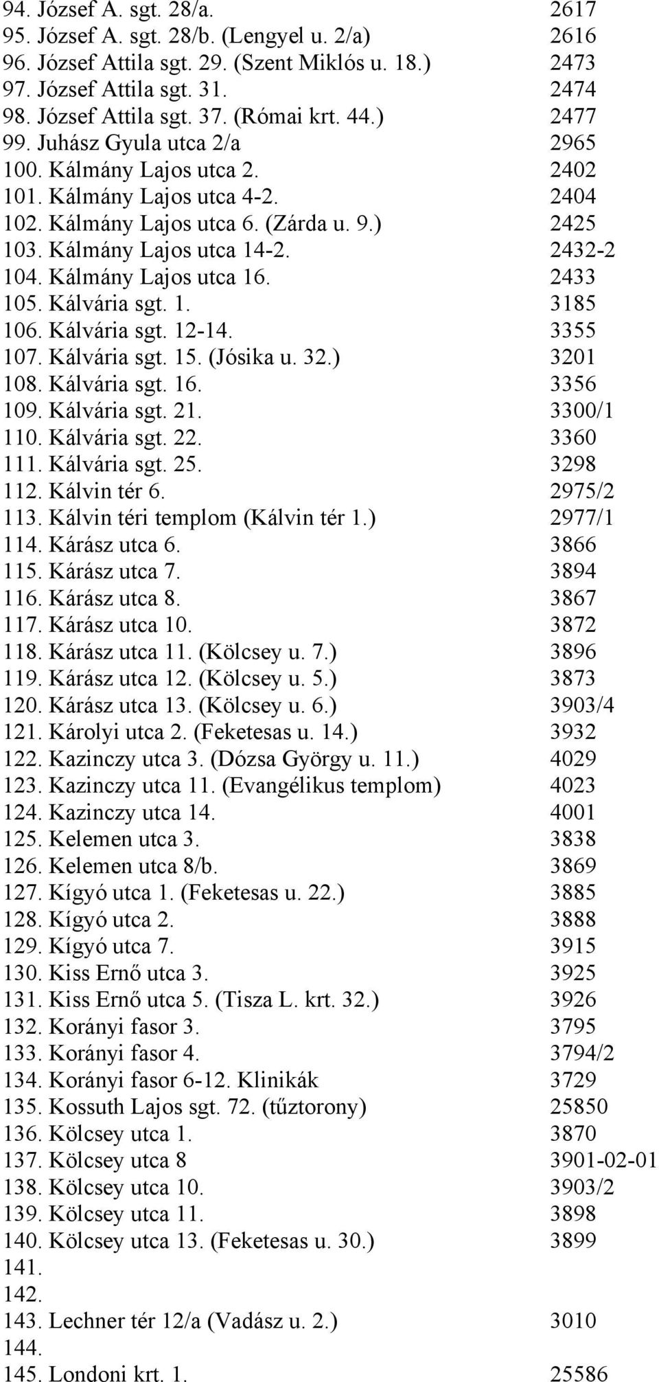 2432-2 104. Kálmány Lajos utca 16. 2433 105. Kálvária sgt. 1. 3185 106. Kálvária sgt. 12-14. 3355 107. Kálvária sgt. 15. (Jósika u. 32.) 3201 108. Kálvária sgt. 16. 3356 109. Kálvária sgt. 21.