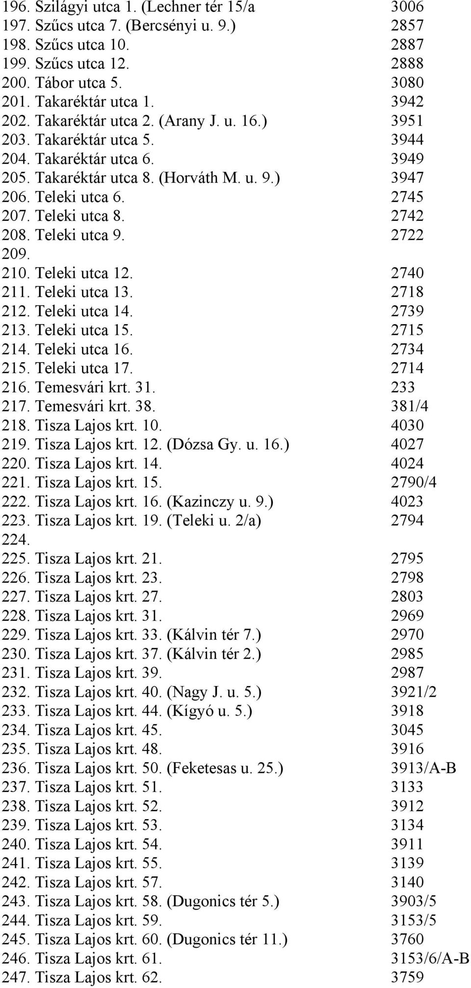2742 208. Teleki utca 9. 2722 209. 210. Teleki utca 12. 2740 211. Teleki utca 13. 2718 212. Teleki utca 14. 2739 213. Teleki utca 15. 2715 214. Teleki utca 16. 2734 215. Teleki utca 17. 2714 216.