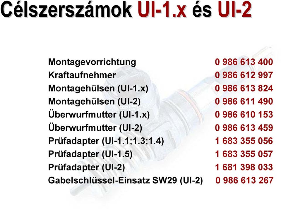 x) 0 986 613 824 Montagehülsen (UI-2) 0 986 611 490 Überwurfmutter (UI-1.