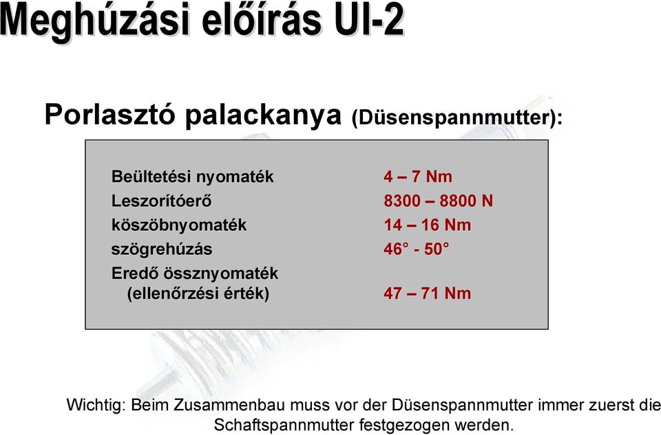 grehúzás 46-50 Eredő össznyomaték (ellenőrz rzési érték) 47 71 Nm Wichtig: Beim