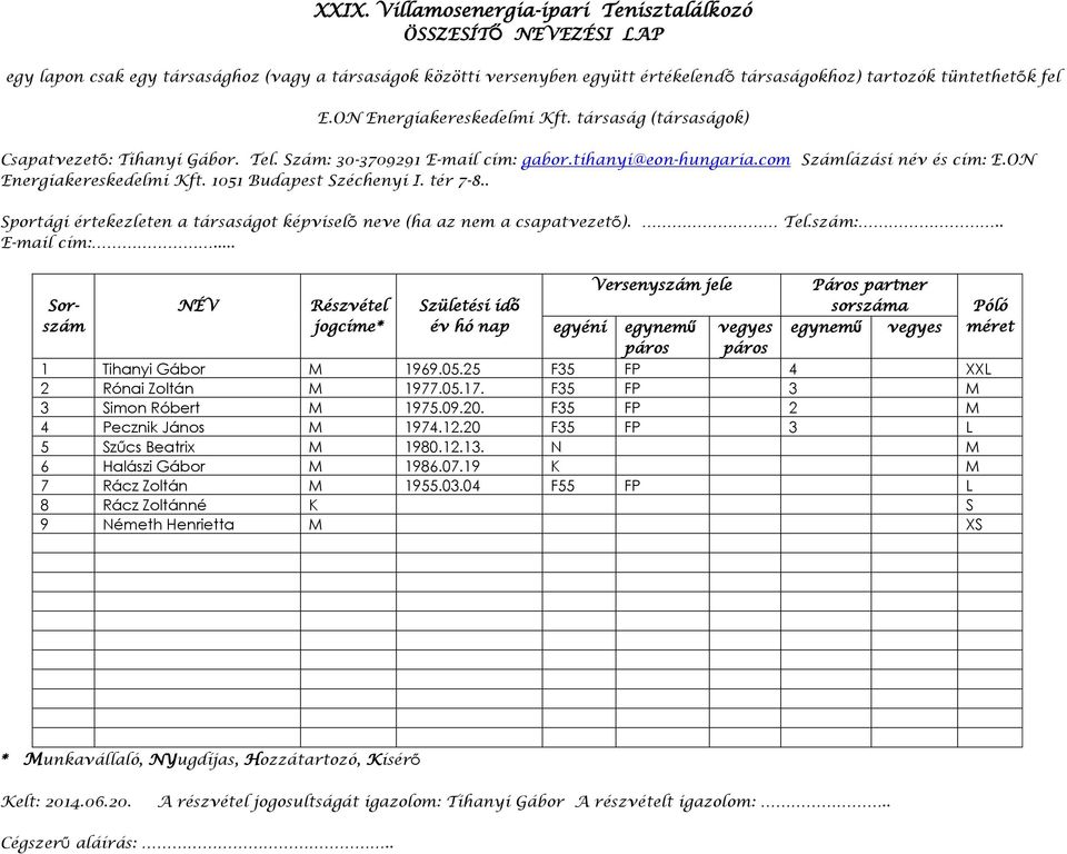 tér 7-8.. Sportági értekezleten a társaságot képviselő neve (ha az nem a csapatvezető). Tel.szám:.. E-mail cím:... Sorszám Páros partner sorszáma egynemű egyéni egynemű 1 Tihanyi Gábor M 1969.05.
