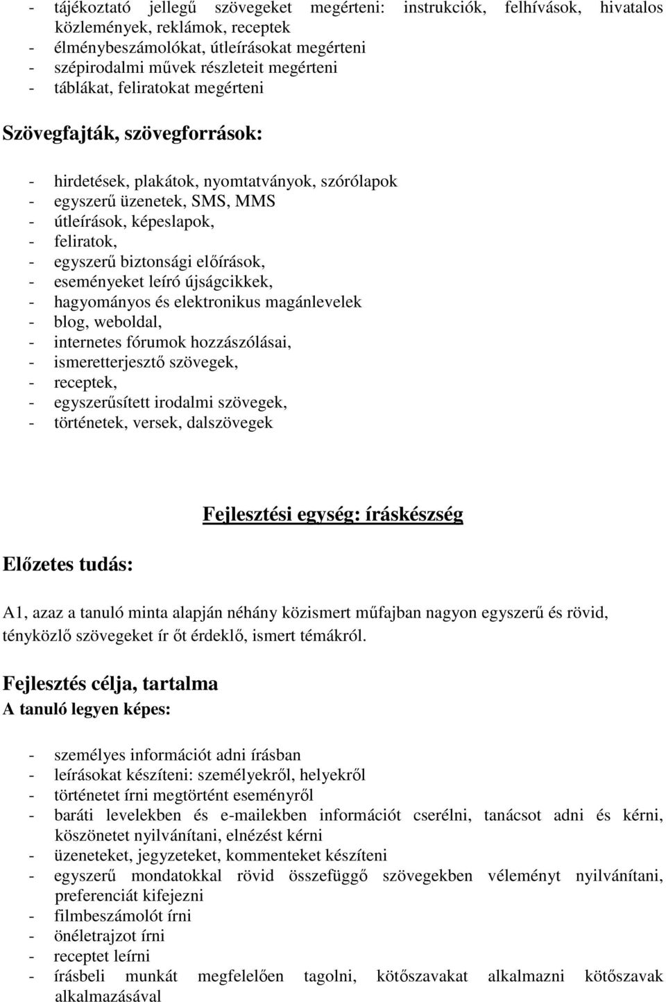 biztonsági előírások, - eseményeket leíró újságcikkek, - hagyományos és elektronikus magánlevelek - blog, weboldal, - internetes fórumok hozzászólásai, - ismeretterjesztő szövegek, - receptek, -